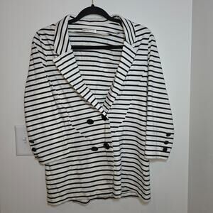 Women's Striped Cotton Blazer Size M Black White 3/4 Sleeves Preppy France
